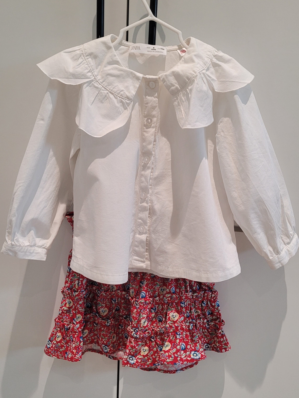 Zara White Ruffled Collar Button-Up Blouse & Ralph Lauren Ruffle Crepe Skirt 4